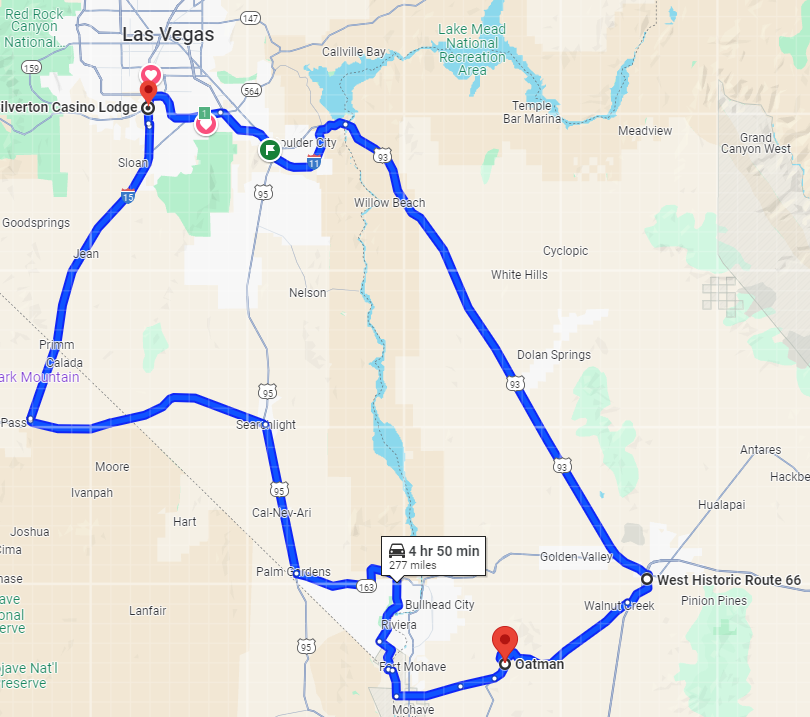 map of route from Las Vegas to Oatman Arizona